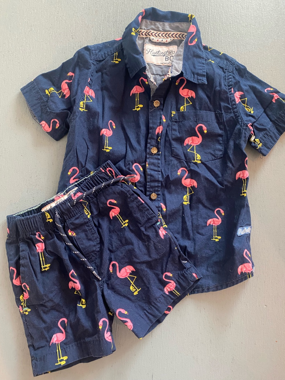 Navy Flamingo Button-Up Set with Pink & Yellow Print Boys 2T Summer Outfit